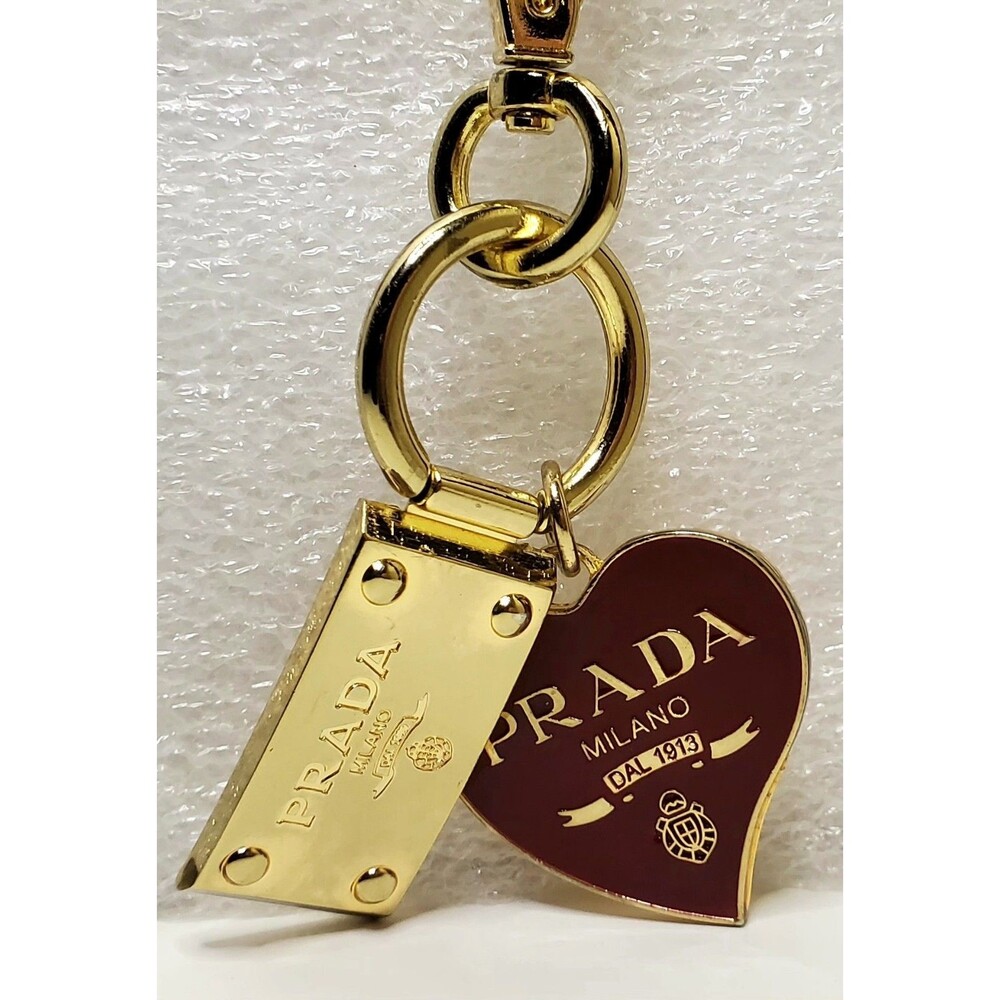 Gold Tone Red Heart Logo Bag Charm Keychain Metal Plaque Heavy Hardware